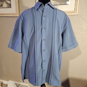 Centro‎ Mens Blue Short Sleeve Button Down Shirt Contrast Stitch Small